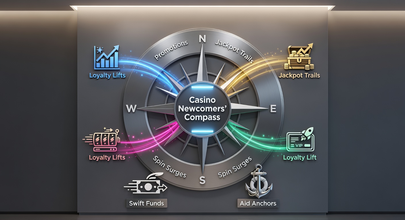 A compass guiding a newcomer through vibrant casino promotions, jackpot paths, and loyalty rewards amid swift banking icons