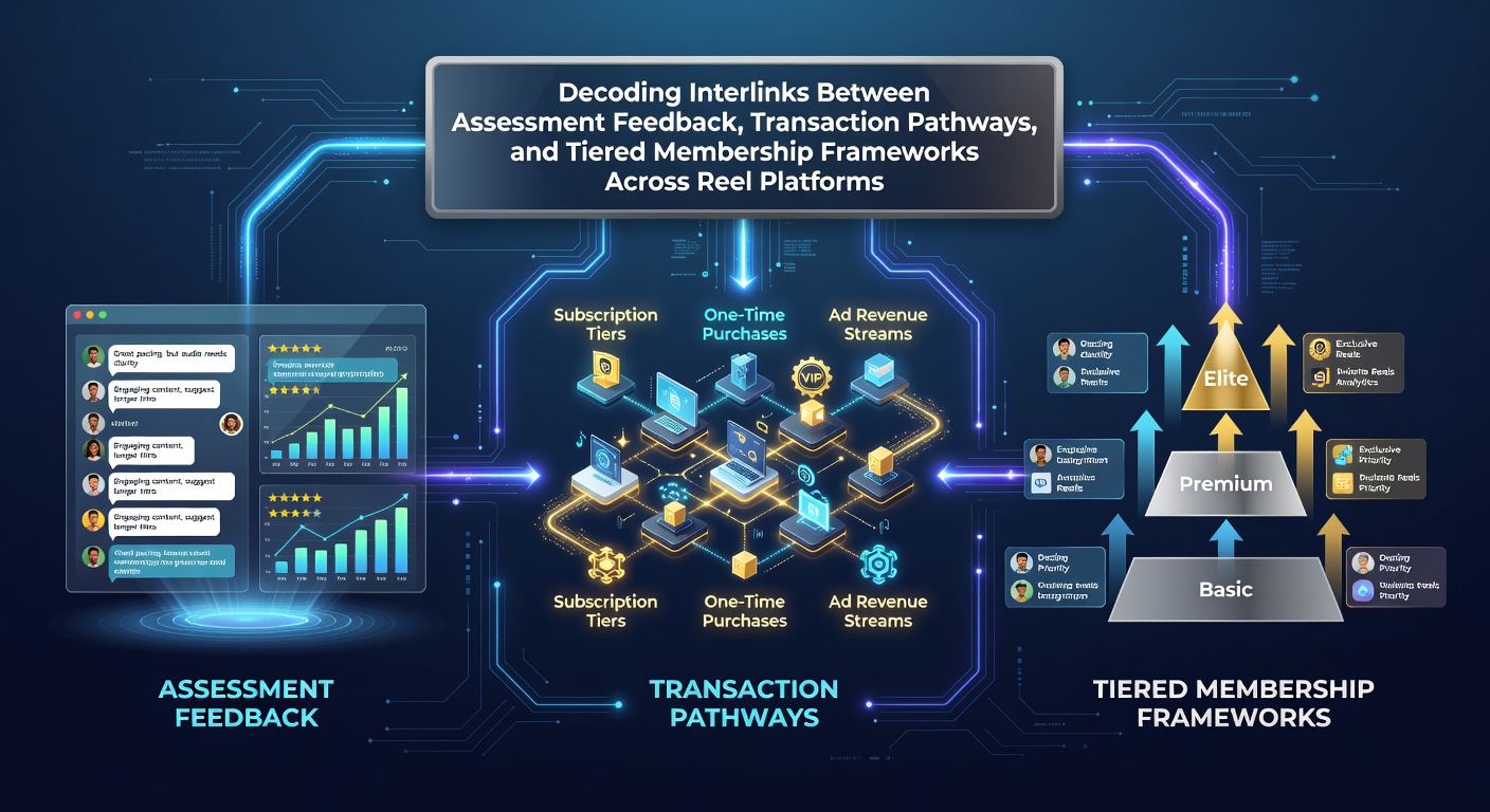 Interconnected systems diagram showing assessment feedback loops, transaction pathways, and tiered membership frameworks on reel platforms