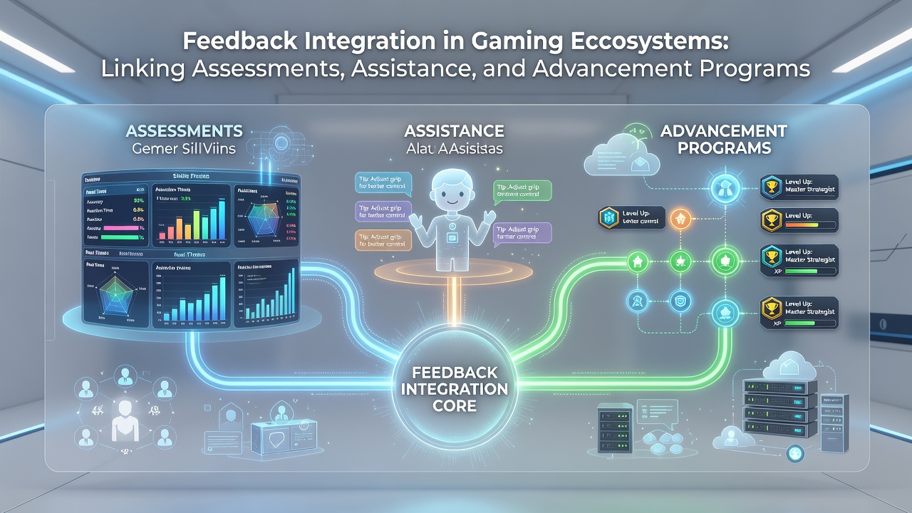 Illustration of integrated systems connecting player feedback, support assistance, and loyalty advancement in mobile gaming