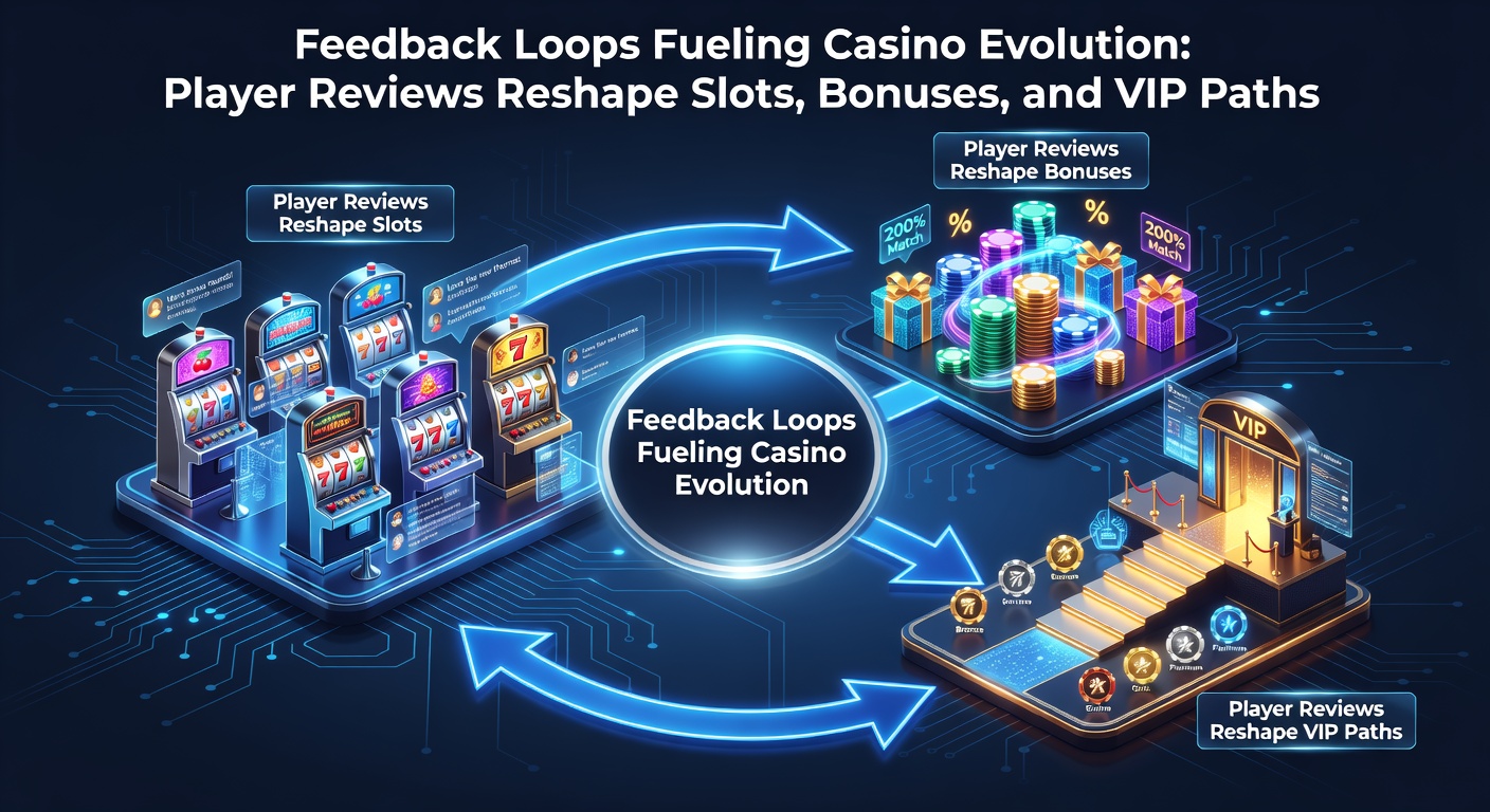 Infographic depicting a cycle of player reviews feeding into casino updates on slots, bonuses, and VIP programs, with arrows showing continuous evolution