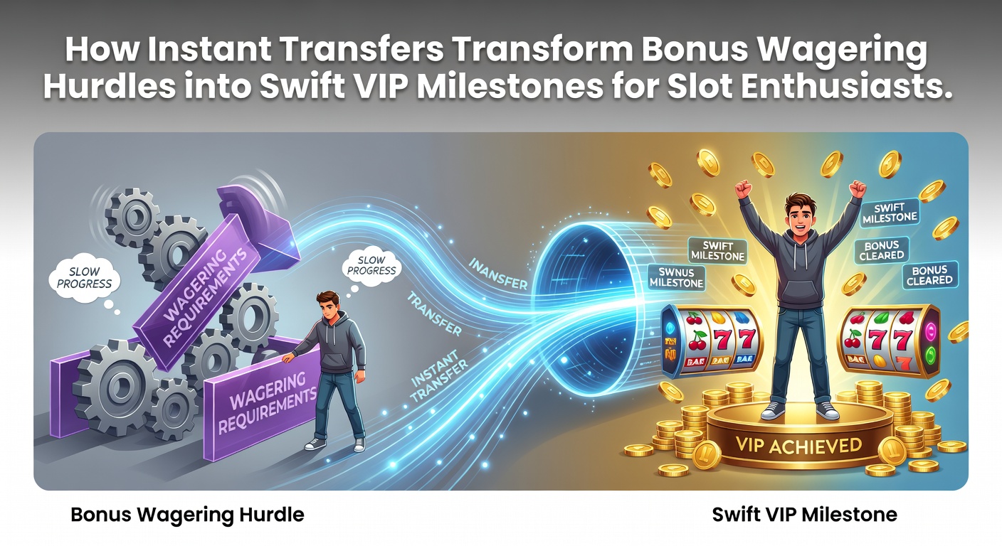 Illustration of a slot machine jackpot exploding with instant transfer icons and VIP badges cascading down, symbolizing rapid progression from bonuses to elite status