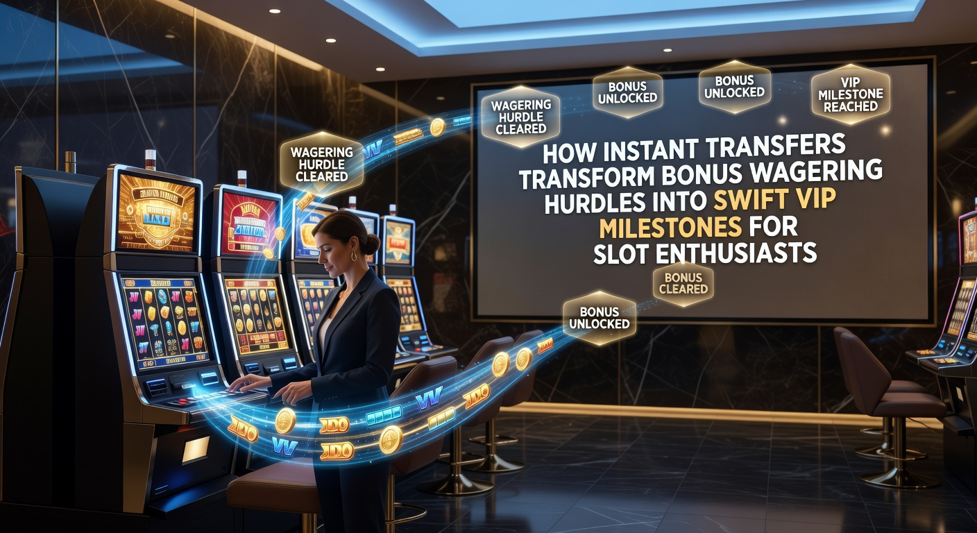 Dynamic graphic showing a slot player leaping over wagering barriers via lightning-fast transfer arrows, landing on a VIP podium with trophy icons and escalating loyalty tiers