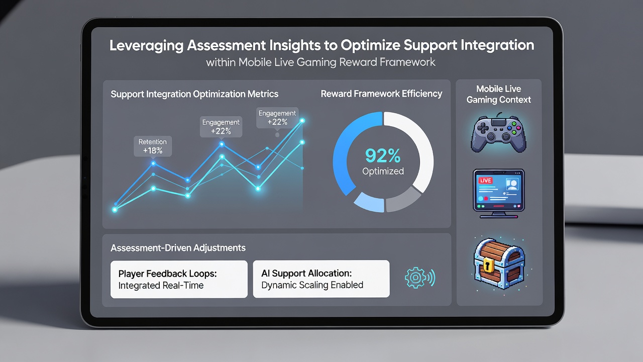 Support integration dashboard displaying real-time assessment metrics for mobile gaming rewards