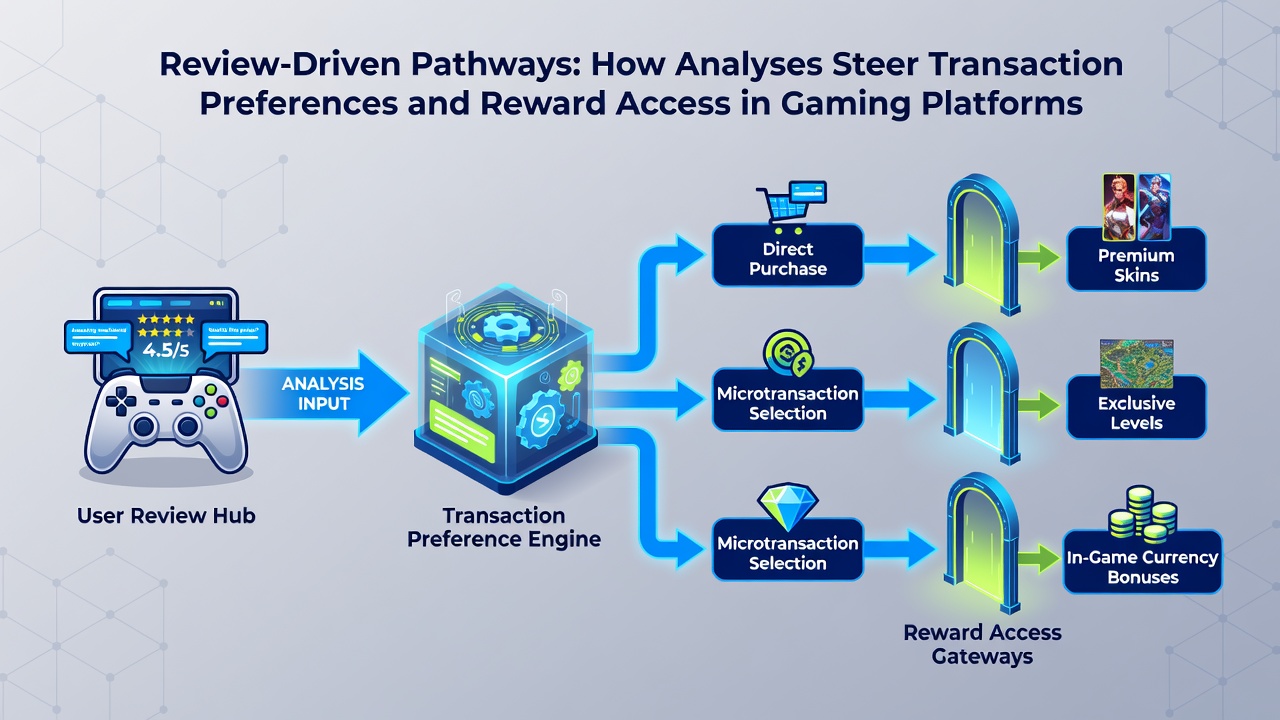 Diagram showing review feedback loops affecting payment selections and bonus access pathways