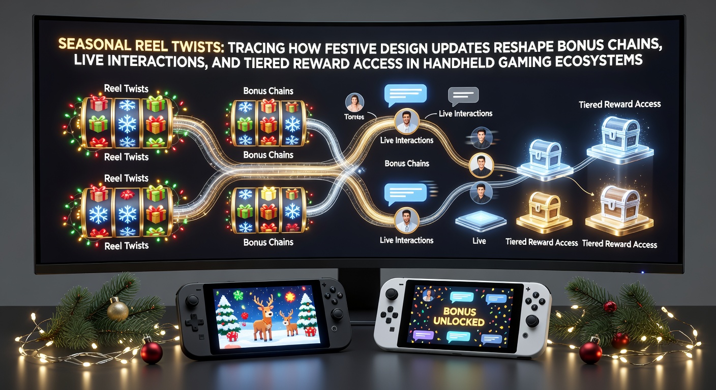 Mobile slot interface displaying festive reel twists with seasonal bonus indicators and tiered reward progress bars