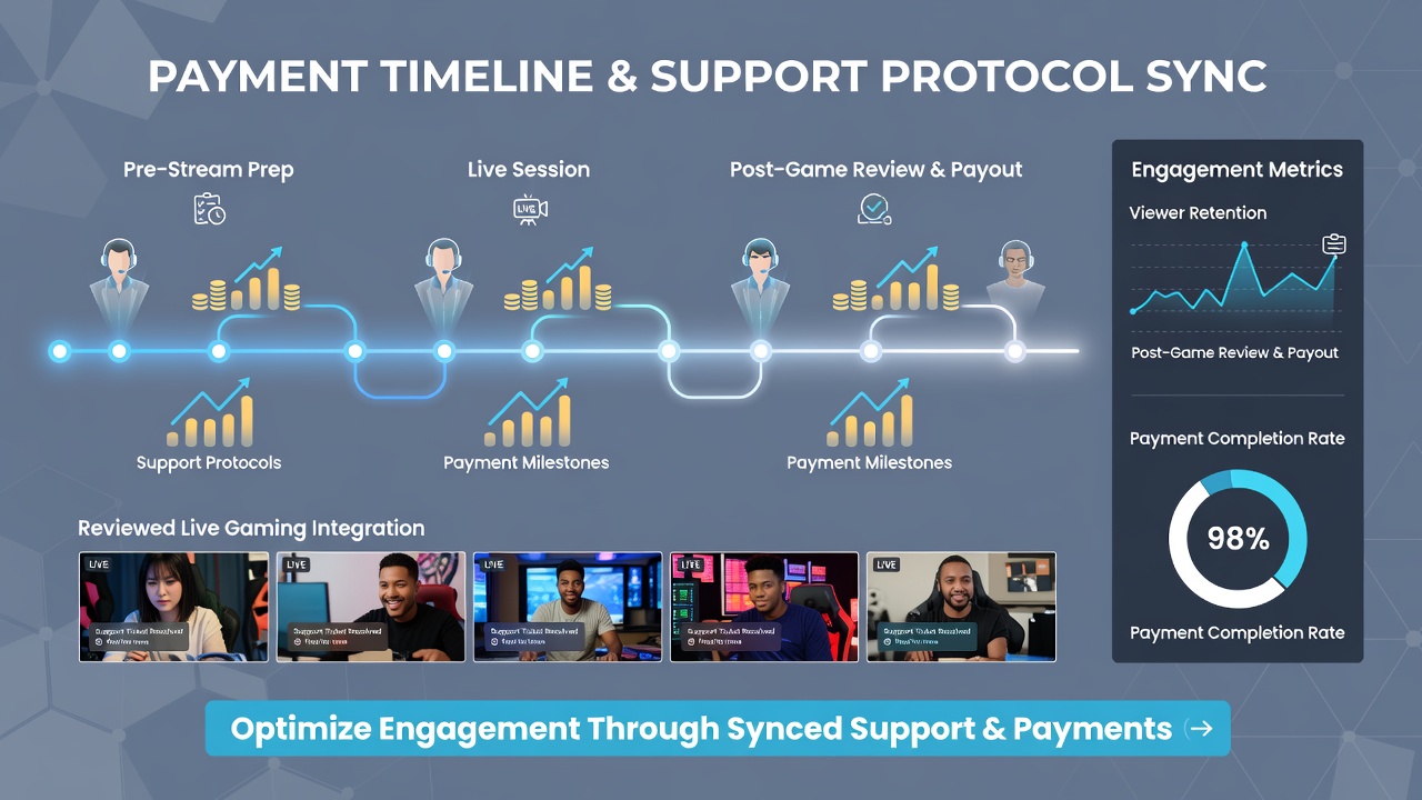 Screenshot of integrated dashboard displaying live support status next to payment processing timeline in a reviewed gaming session