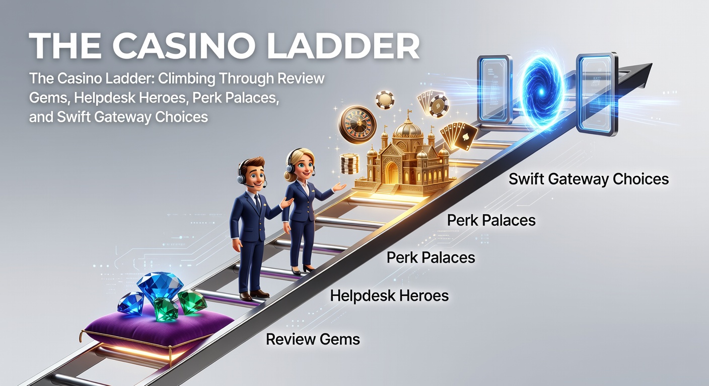 Illustration of a glowing casino ladder with rungs labeled reviews, support, perks, and payments, players ascending amid sparkling gems and swift gateways
