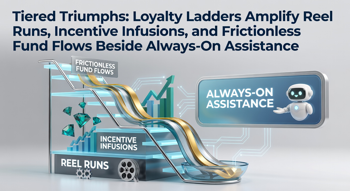 Visual representation of a multi-tier loyalty ladder climbing toward slot reels, bonus icons, flowing cash streams, and support chat bubbles