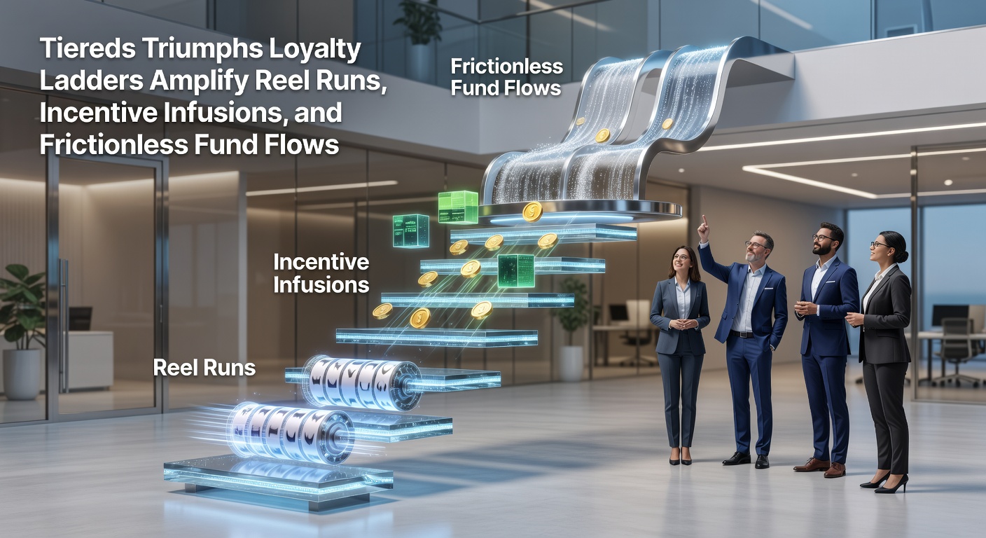 Dynamic graphic showing tier progression with exploding bonuses, smooth payment arrows, slot reels in motion, and 24/7 support icons