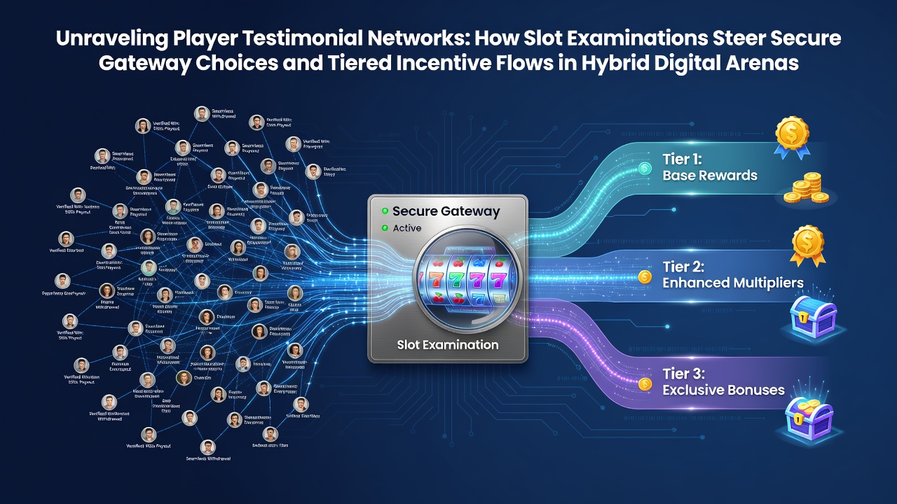 Network diagram showing player testimonials connecting slot reviews to payment gateway selections and bonus structures